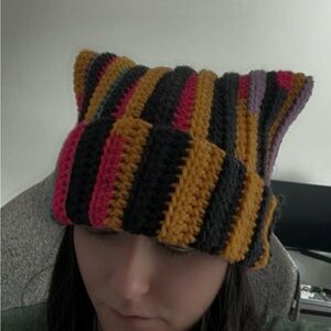 Striped Crochet Cat Ear Beanie - Mustard, Black, Pink, Purple